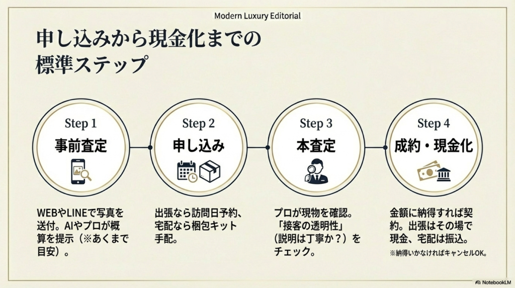事前査定、申し込み、本査定、成約・現金化という、申し込みから入金までの4つのステップを時系列で示したフロー図。
