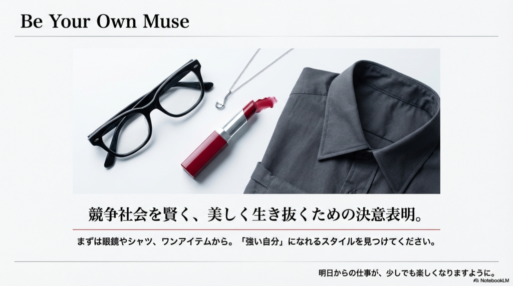 黒縁眼鏡、深紅のリップ、ネックレス、グレーのシャツが並べられたフラットレイ写真。「競争社会を賢く、美しく生き抜くための決意表明」という力強いメッセージが添えられている。