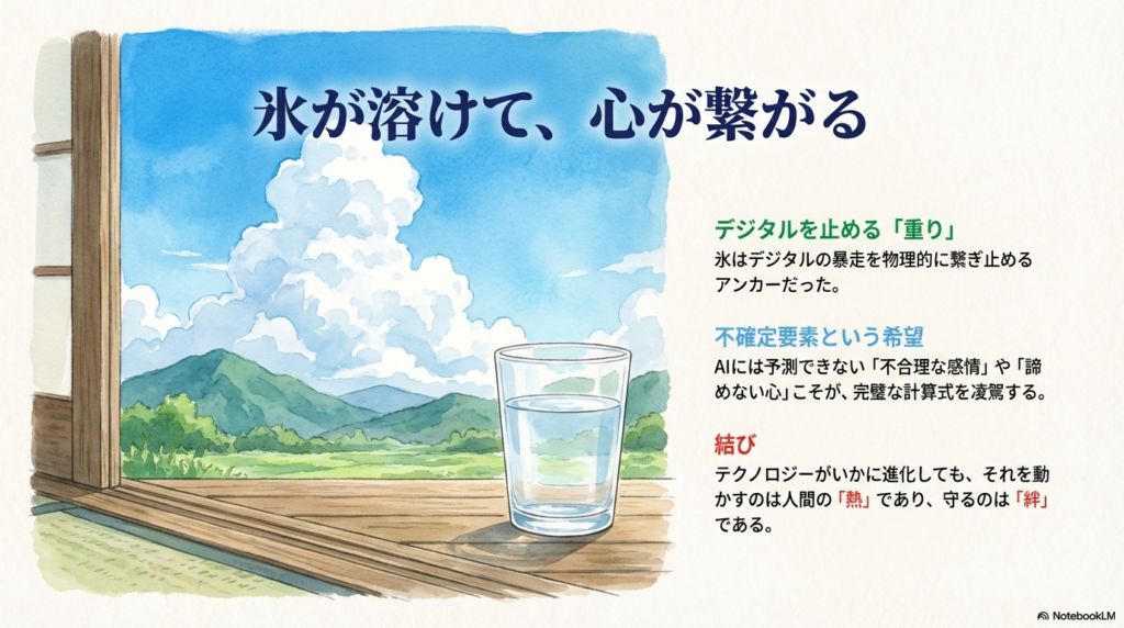 「不確定要素という希望」という言葉と共に、AIには予測できない人間の感情や諦めない心が、完璧な計算式を凌駕することを説くスライド。 テクノロジーを動かし、守るのは人間の「熱」と「絆」であるという結びの言葉が記されている。