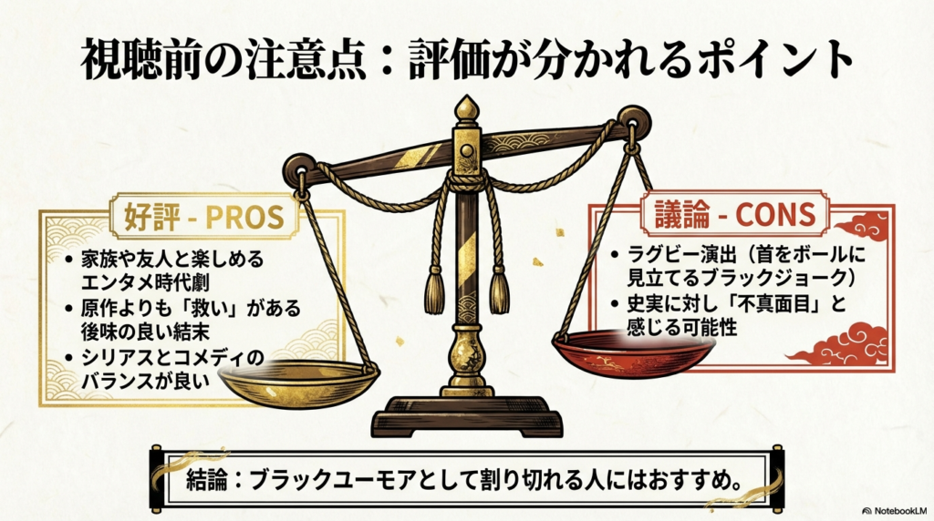 家族で楽しめるエンタメ性や後味の良さといった「好評点」と、ブラックジョーク的な演出などの「議論点」を天秤形式でまとめたスライド 。