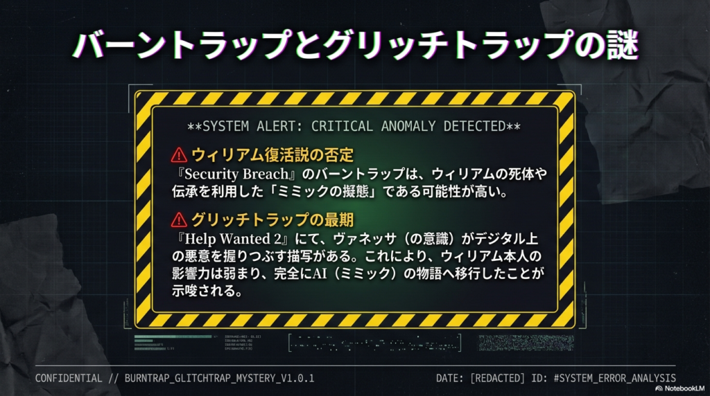 バーントラップがミミックの擬態である可能性や、Help Wanted 2におけるグリッチトラップの描写から、AI主体の物語への移行を示唆する考察スライド 。
