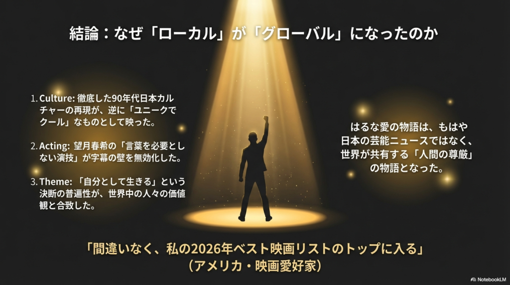 文化、演技、テーマの3点から、なぜ日本独自の物語が世界中で支持されたのかをまとめた結論スライド。「2026年ベスト映画」というアメリカの愛好家のコメントが引用されている。
