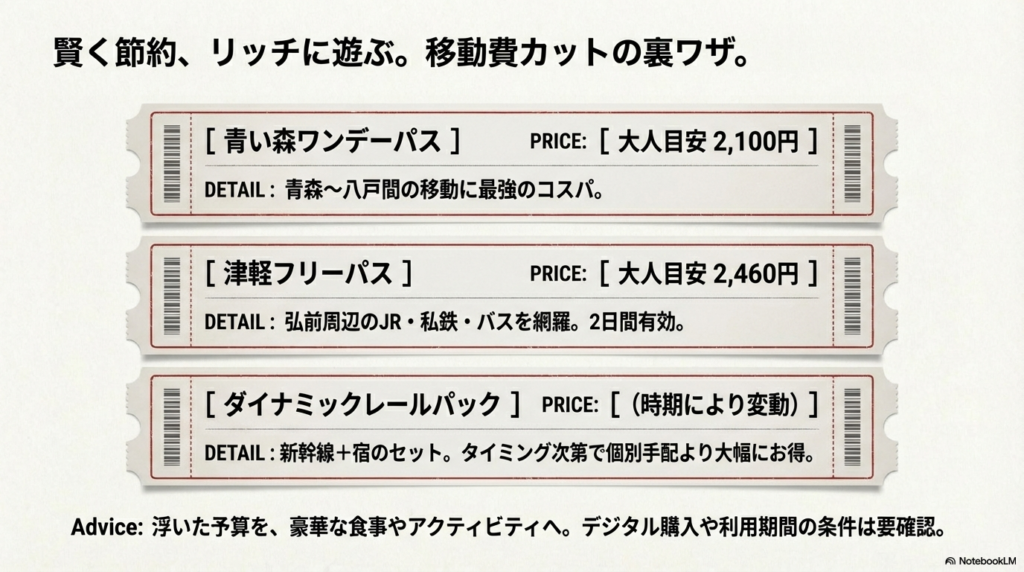 青い森ワンデーパス、津軽フリーパス、ダイナミックレールパックの価格とメリットをまとめた比較表。