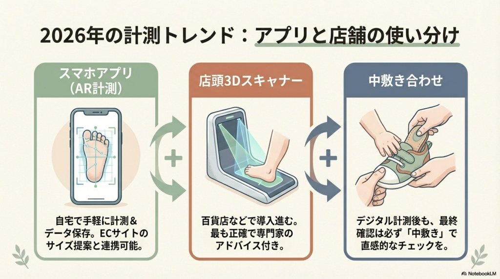 スマホアプリでのAR計測、店頭の3Dスキャナー、そして最終確認の中敷き合わせを組み合わせた、2026年最新の靴選びスタイルの紹介。