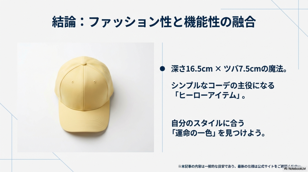 「深さ16.5cm×ツバ7.5cmの魔法」というキャッチコピーと共に、運命の一色を見つけようと促すまとめスライド。