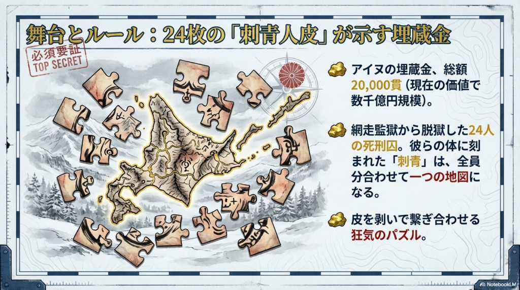 北海道の地図をパズルのように24枚の刺青人皮(囚人の皮)で繋ぎ合わせるイメージ図。埋蔵金の総額が20,000貫、現在の価値で数千億円規模であることが示されている。