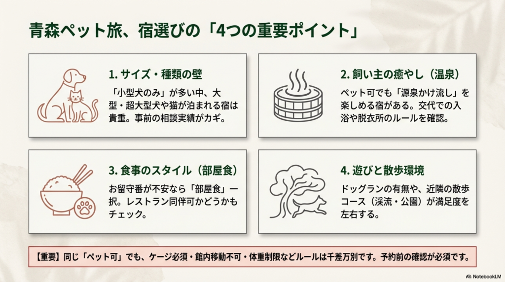 サイズ制限、温泉、食事スタイル、散歩環境という4つの重要ポイントをアイコンで解説したスライド 。