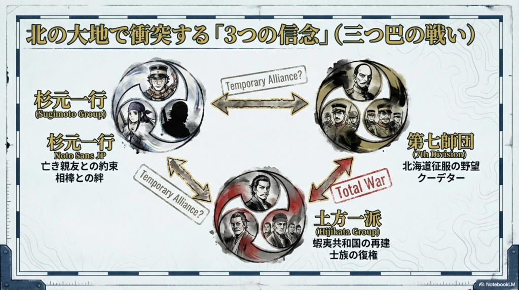 杉元一行、第七師団、土方一派の3勢力を表す家紋風のアイコン。それぞれ「相棒との絆」「北海道征服の野望」「蝦夷共和国の再建」といった目的が記され、三つ巴の戦いを表現している。