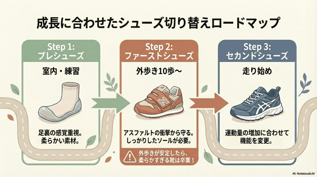室内練習用のプレシューズから、外歩き用のファーストシューズ、そして走り始めのセカンドシューズへ、成長段階に応じた靴の切り替えステップを示した図。