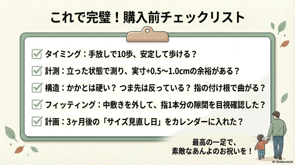 タイミング、計測、構造、フィッティング、そして3ヶ月後のサイズ見直し計画までを網羅した、購入前に確認すべき5つの項目。
