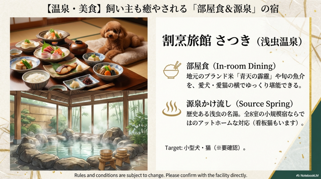 豪華なお膳の横でくつろぐ犬と、情緒あふれる温泉露天風呂のイラスト