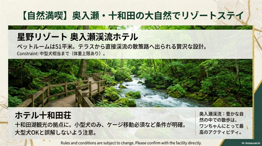 新緑の奥入瀬渓流の散策路の写真と、星野リゾート奥入瀬渓流ホテル等の紹介 。