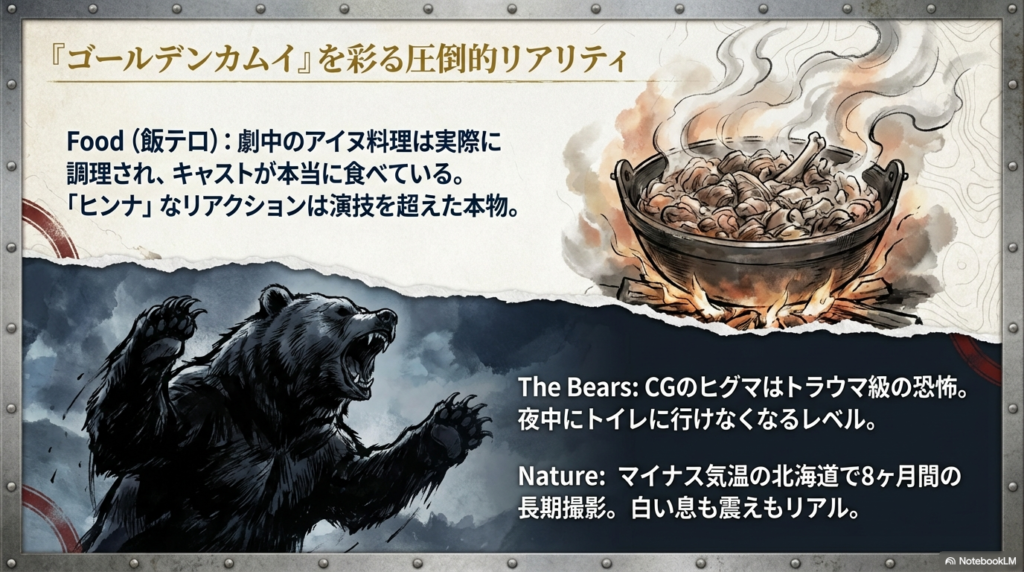 劇中のアイヌ料理、CGのヒグマ、極寒の北海道でのロケについての解説。白い息や震えもリアルなマイナス気温での8ヶ月に及ぶ長期撮影の苦労が記されている。