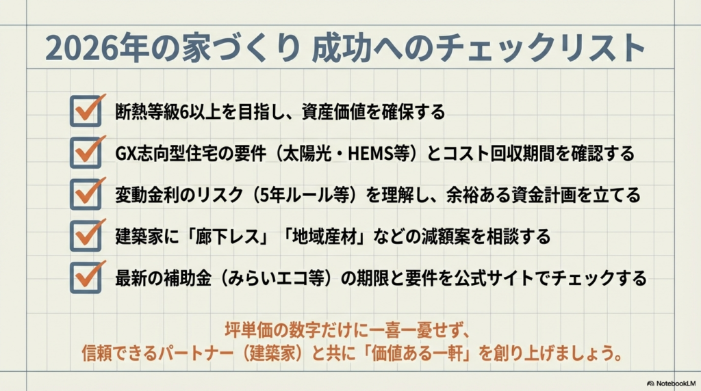 断熱等級6以上、GX要件の確認、金利リスクの理解、建築家への減額案相談、最新補助金のチェックなど、成功のための5つのポイントをまとめたリスト。