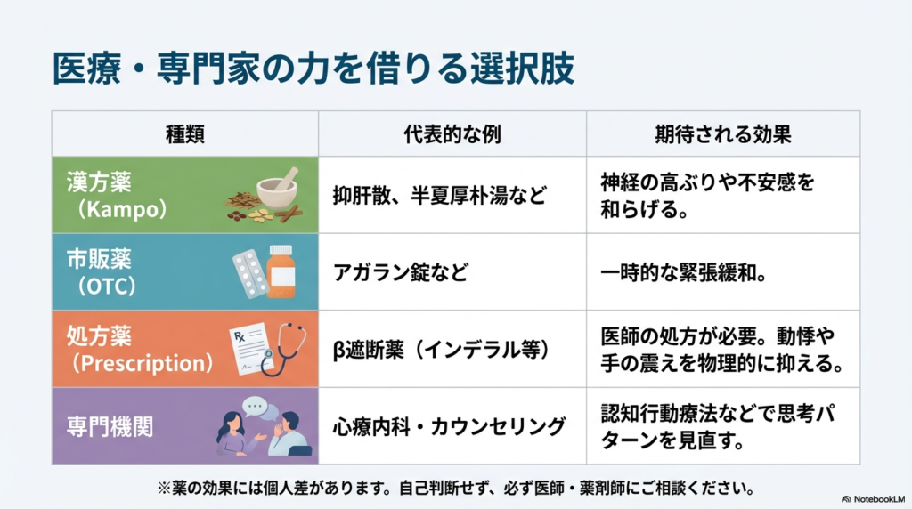 漢方薬、市販薬、処方薬、専門機関の種類と、それぞれに期待される効果をまとめた比較表。