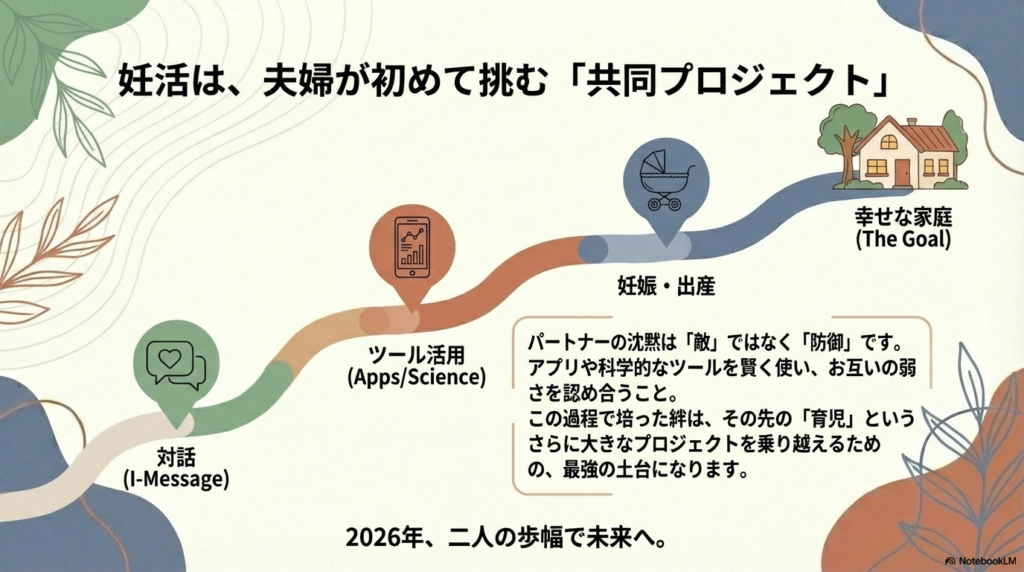 「対話」「ツール活用」「妊娠・出産」の3つが支える「幸せな家庭（ゴール）」のピラミッド図。妊活を共同プロジェクトとして乗り越えることが、将来の育児の土台になるというメッセージ。