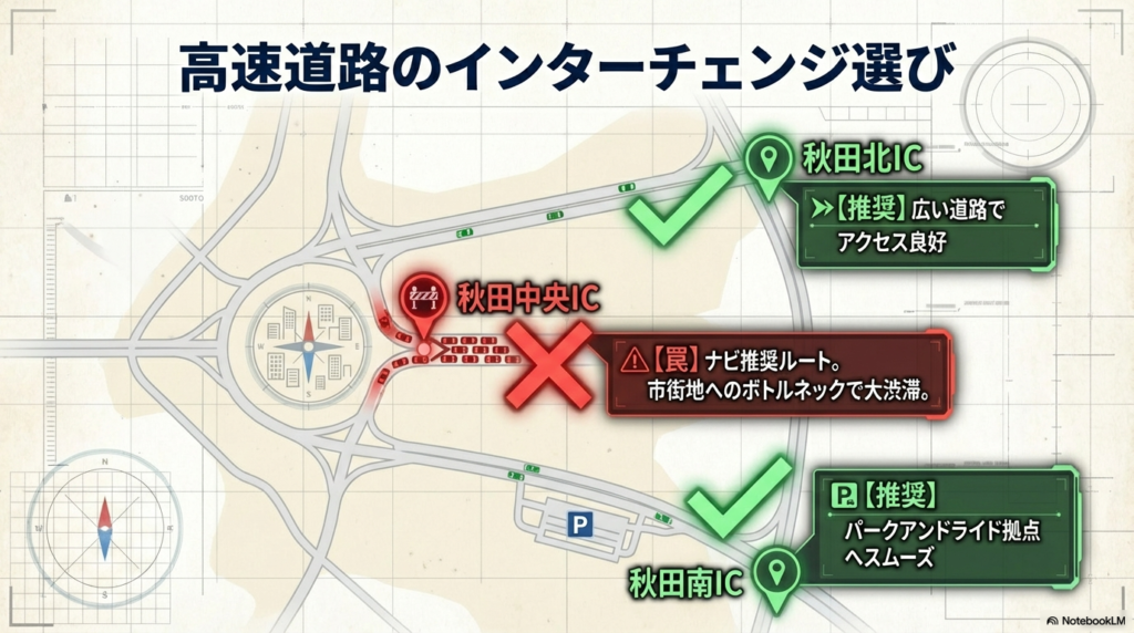 混雑する「秋田中央IC」を避け、「秋田北IC」や「秋田南IC」を利用してスムーズにアクセスするルート案。