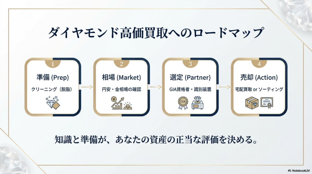 準備(クリーニング)、相場(円安・金相場)、選定(専門店選び)、売却(宅配・ソーティング)という、納得のいく売却に向けた4つのステップをまとめたロードマップスライド。