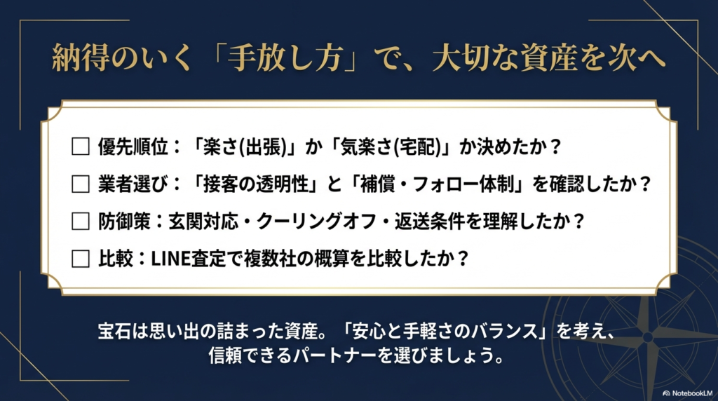 優先順位、業者選び、防御策、複数社比較の4つのチェック項目をまとめた、売却前の最終確認用スライド。