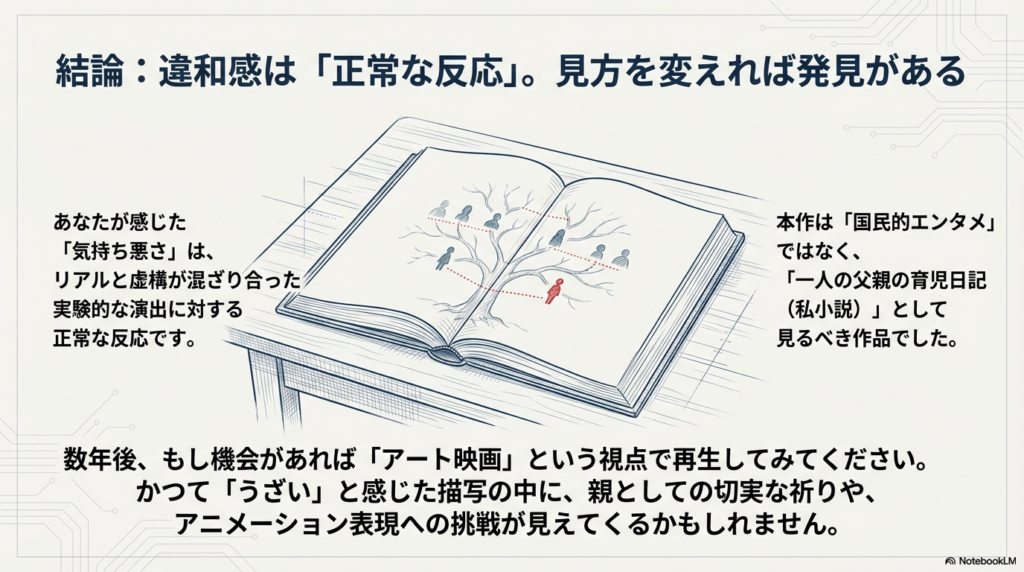 開かれた本の上に家系図のような木が描かれたイラスト。感じた不快感は実験的な演出に対する正常な反応であり、後年アート映画として再評価することを提案する結び 。