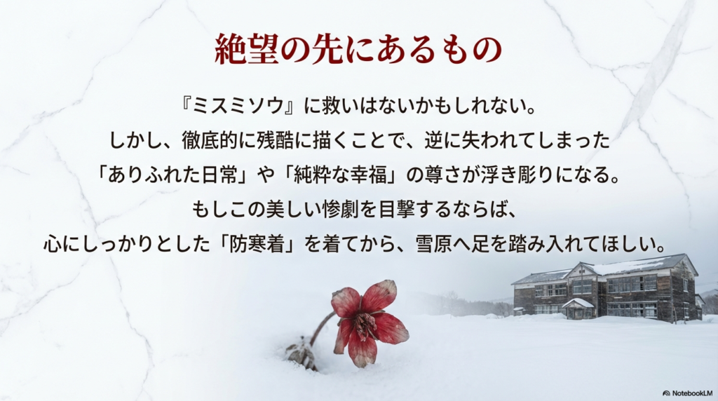 雪原の風景。徹底的な残酷描写の裏にある日常の尊さと、鑑賞時の心構えを説くメッセージ。
