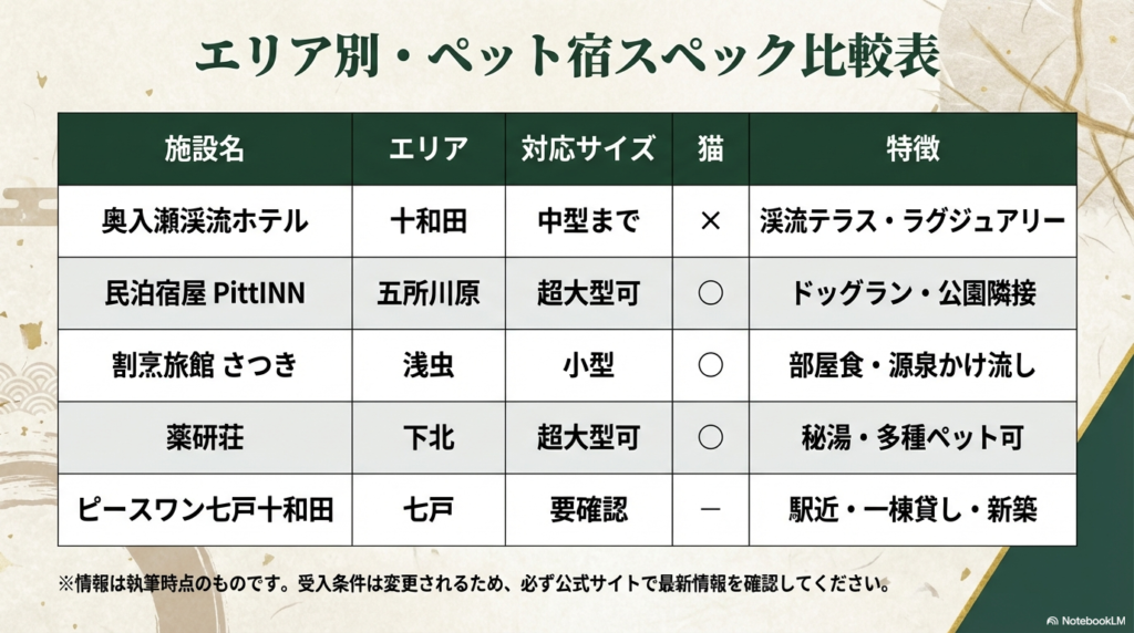 施設名、エリア、対応サイズ、猫の可否、特徴をまとめた比較マトリックス表 。