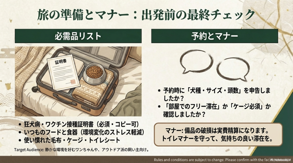 スーツケースに詰められたフードや証明書のイラストと、ワクチン証明書等の持参物リスト 。