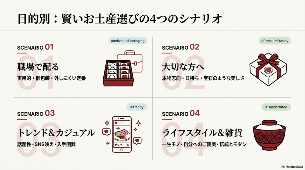 職場、大切な人、トレンド、ライフスタイルの4つの利用シーンに合わせたお土産選びのコンセプト図 。