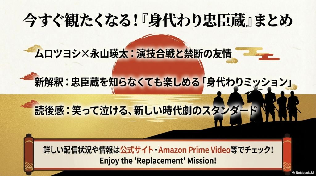 ムロツヨシ×永山瑛太の演技合戦や、笑って泣ける新しい時代劇のスタンダードとしての魅力を凝縮したまとめスライド 。