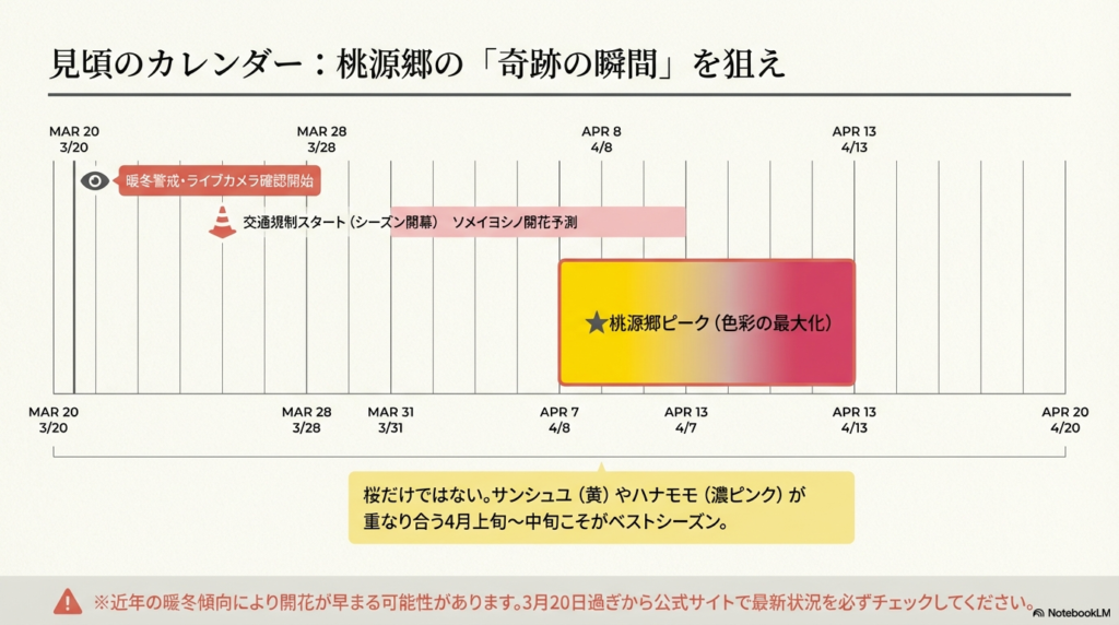 3月20日から4月20日までのタイムライン。4月7日から13日が「桃源郷ピーク(色彩の最大化)」として強調されており、4月8日頃にソメイヨシノが開花する予測が示されている。