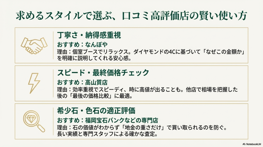 丁寧さ重視の「なんぼや」、スピード重視の「高山質店」、希少石に強い専門店の使い分けガイド 。