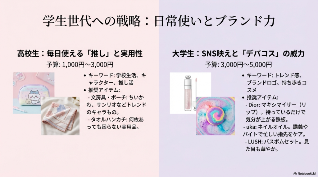 高校生(予算1,000円〜3,000円)にはトレンドのキャラものやタオル、大学生(予算3,000円〜5,000円)にはDiorやLUSHなどのデパコスを推奨するまとめスライド 。