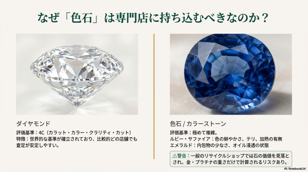 ダイヤモンドの4C評価と、色石の複雑な評価基準（テリ、加熱の有無等）の違いを解説するスライド 。