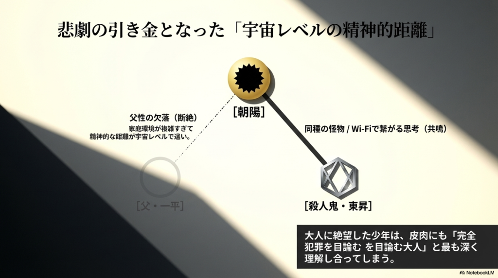 朝陽と父・一平の宇宙レベルの精神的距離と、殺人鬼・東昇と朝陽が「同種の怪物」として共鳴し合う関係性を示す図解 。