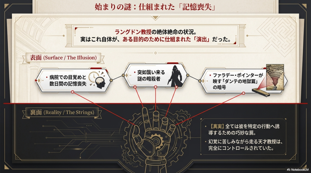 ラングドン教授が経験した「病院での目覚め」や「暗殺者の襲撃」が、実は特定の行動へ誘導するための巧妙な罠であったことを解説する図解スライド。