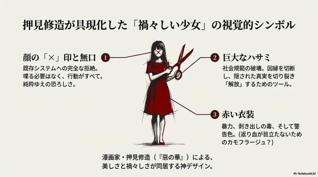 押見修造氏デザインのちーちゃんのイラスト。顔の「×」印、赤い衣装、巨大なハサミの意味。