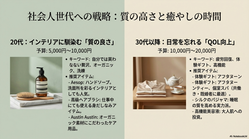 20代にはAesopや高級ヘアブラシ、30代以上には体験ギフトやシルクのパジャマなど、生活の質(QOL)を高めるアイテムを提案するスライド 。