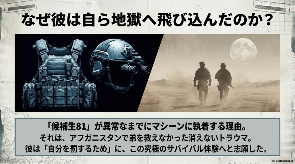 なぜ候補生81がマシーンに執着するのか、アフガニスタンでのトラウマについて綴られたスライド。