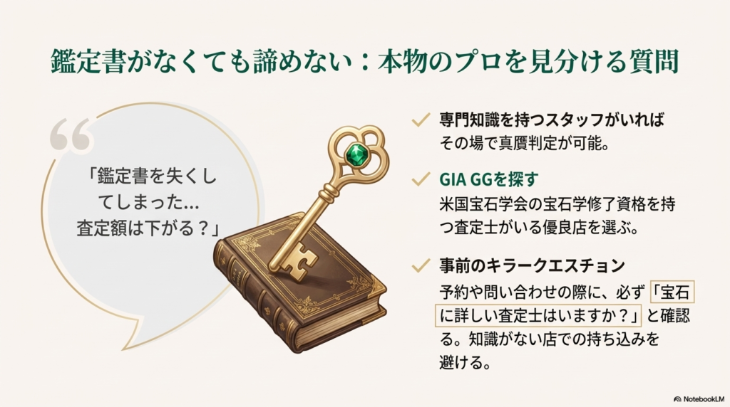  米国宝石学会の資格「GIA GG」保持者の確認や、事前の問い合わせでの質問例を紹介するスライド 。