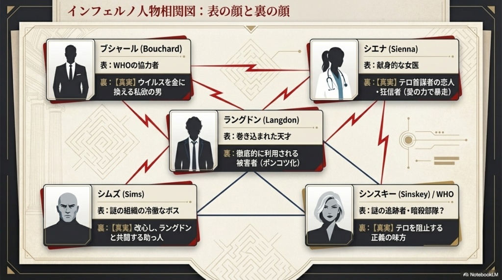 ラングドン、シエナ、ブシャール、シムズ、シンスキーの5名について、物語序盤の印象（表）と、隠された真実（裏）を対比させて整理した人物相関図。
