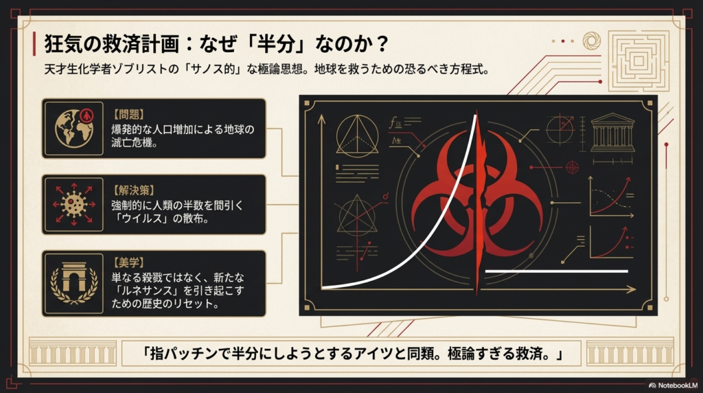 人口増加のグラフとバイオハザードのマークを背景に、地球滅亡を回避するためにウイルスで人類を間引くというゾブリストの「サノス的」な思想をまとめた図解。