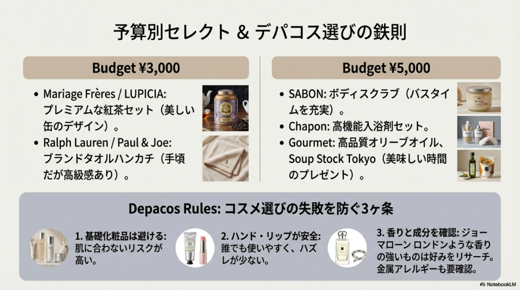 3,000円〜5,000円の具体ブランド名(サボン、シャポン等)と、デパコス選びで「基礎化粧品は避ける」「ハンド・リップが安全」などの注意点をまとめたスライド 。