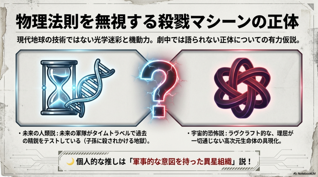 砂時計とDNA、幾何学的な紋章のイラスト。未来の人類説や宇宙的恐怖説など、敵の正体に関する考察スライド。