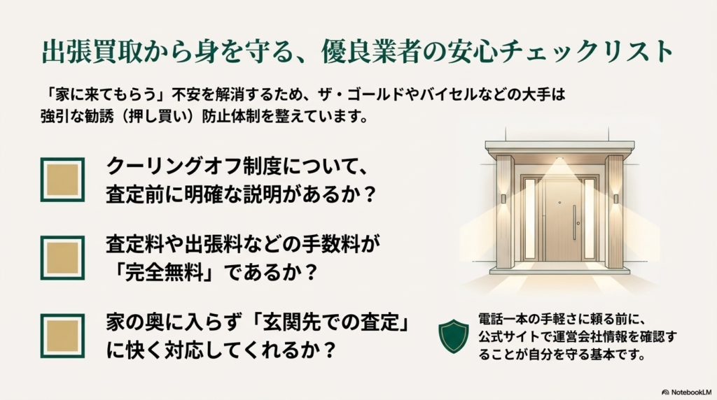 クーリングオフの説明や、手数料無料、玄関先での査定対応など、優良業者を見極めるポイント 。