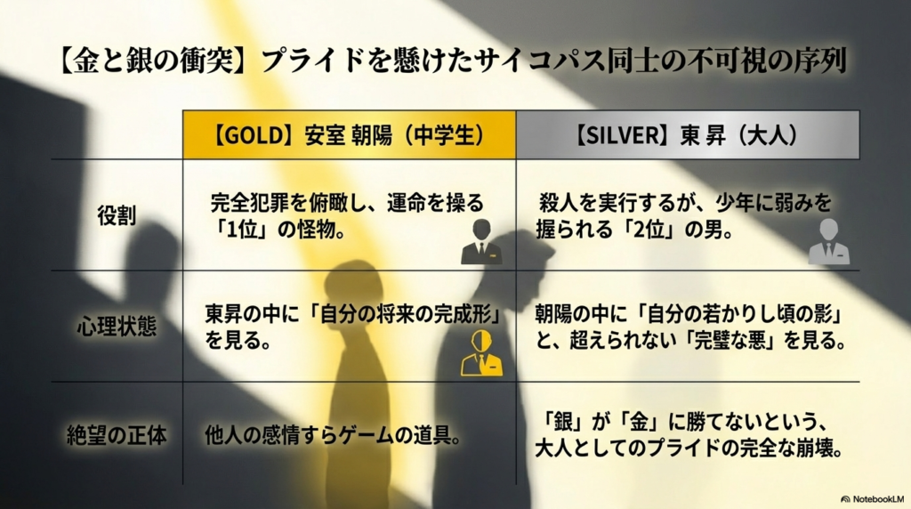 朝陽(ゴールド・1位)と東昇(シルバー・2位)の役割、心理状態、そして大人のプライド崩壊を比較した対比表 。