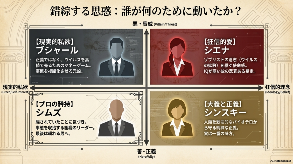 登場人物たちの動機を「現実的私欲（ブシャール）」「プロの矜持（シムズ）」「狂信的愛（シエナ）」「大義と正義（シンスキー）」の4象限で分類し、それぞれの役割を解説した図。