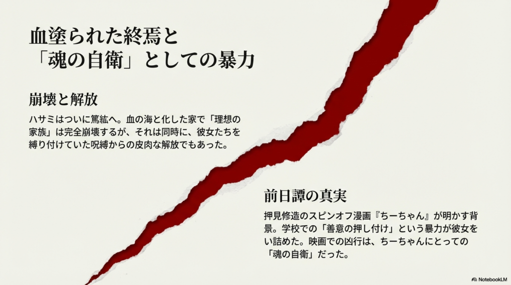 家族の崩壊と、スピンオフ漫画で語られるちーちゃんの過去（善意という暴力）についての解説。