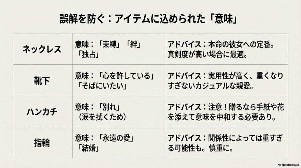 ネックレス(絆)、靴下(そばにいたい)、ハンカチ(別れ)など、贈り物に込められた意味と、誤解を防ぐためのアドバイスをまとめた表形式のスライド 。