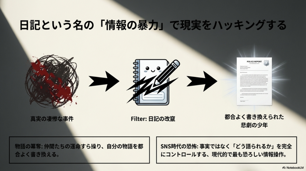 自分の物語を都合よく書き換え、事実ではなく「どう語られるか」をコントロールする現代的な情報操作を示すイメージ 。