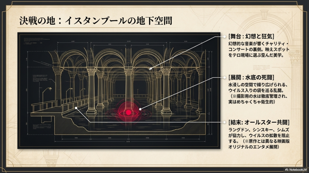 イスタンブールの地下貯水池の構造を背景に、幻想的な音楽が流れる中で繰り広げられるウイルス回収の死闘と、映画版独自の結末について解説したスライド。